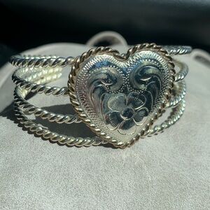 Silver & gold engraved etched scrolled heart cuff bracelet - gorgeous!